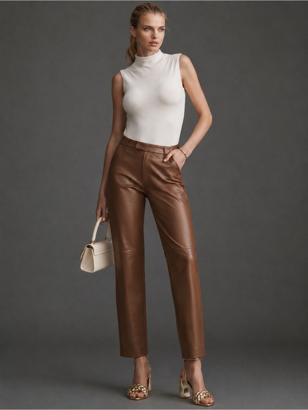 ENA PELLY 100% Leather Straight Leg Pants Cognac Brown | Genuine Leather luxury